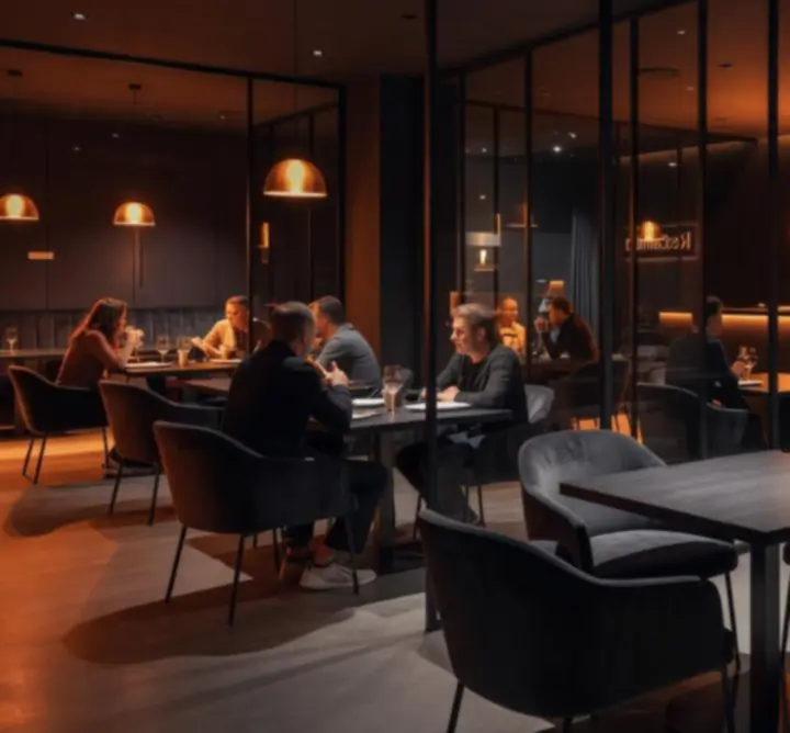 Sötét tónusú, narancs fényekkel megvilágított, modern Restavio Hub enteriőr