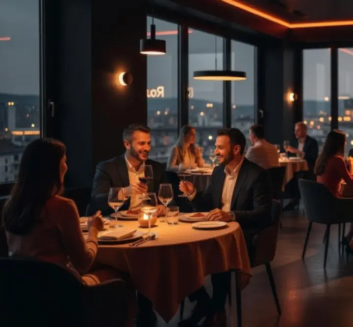 Hangulatos esti belső tér a Restavio Hub étteremben