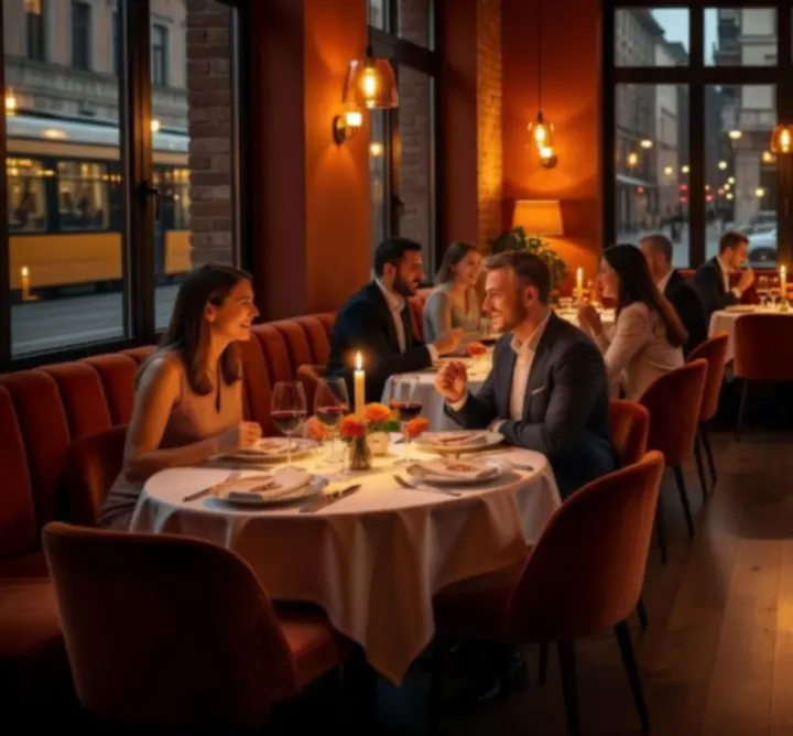 Vendégek a Restavio Hub esti éttermi terében, meleg narancs fényekkel.